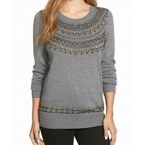 Halogen Gray Sweater Tight Knit Embellsihed Studded Beaded Sz SP New